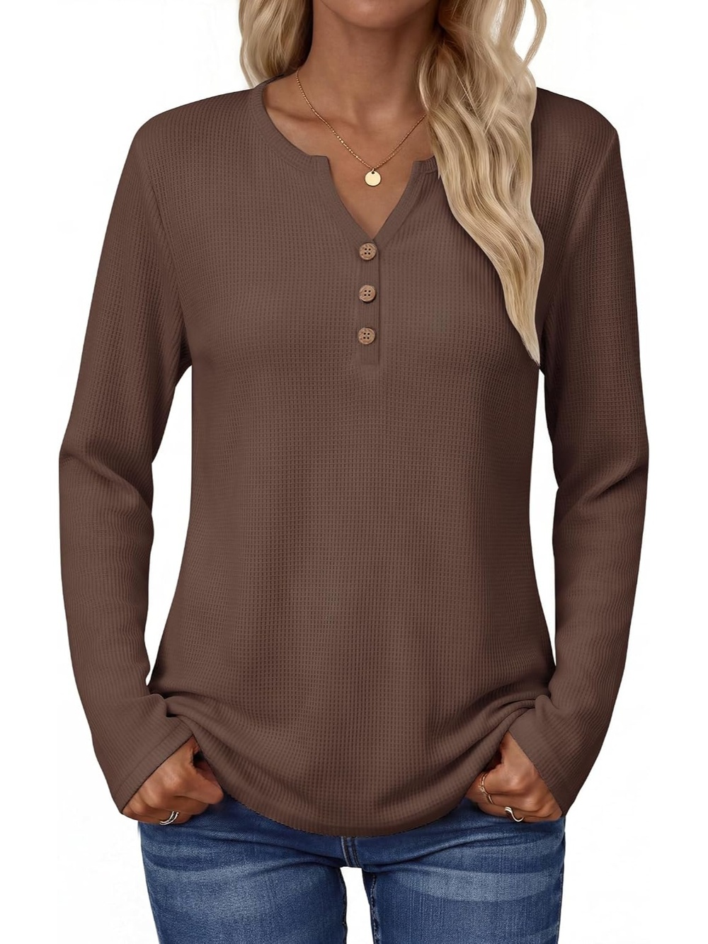 Women's Brown Tees Button Long Sleeve V Neck Shirts Soft Waffle Knit Top